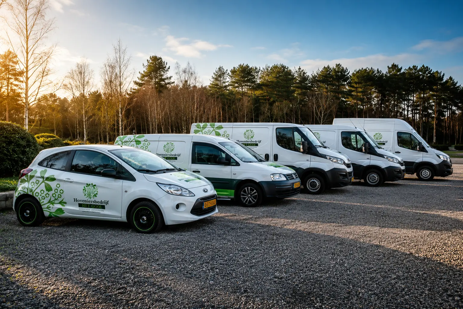 Wagenpark van Hoveniersbedrijf het Gooi met bedrijfsbusjes