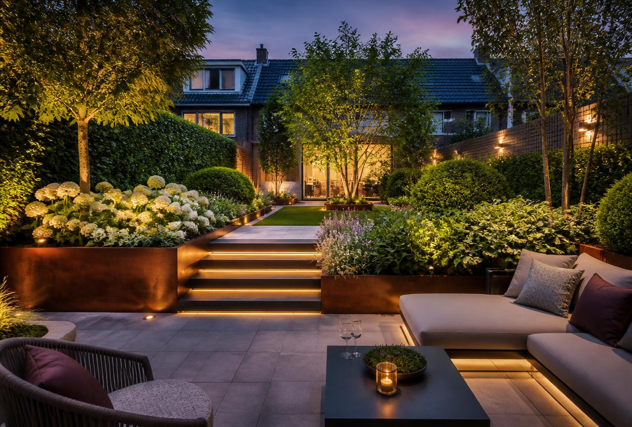 Verlichting en beplanting in de avond